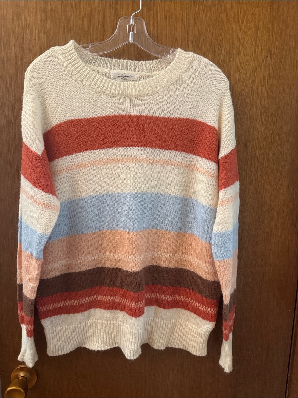 Cream Striped Crewneck Sweater with Rust, Light Blue & Brown Bands